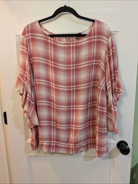 Chaps Rose Plaid Ruffle Sleeve Blouse